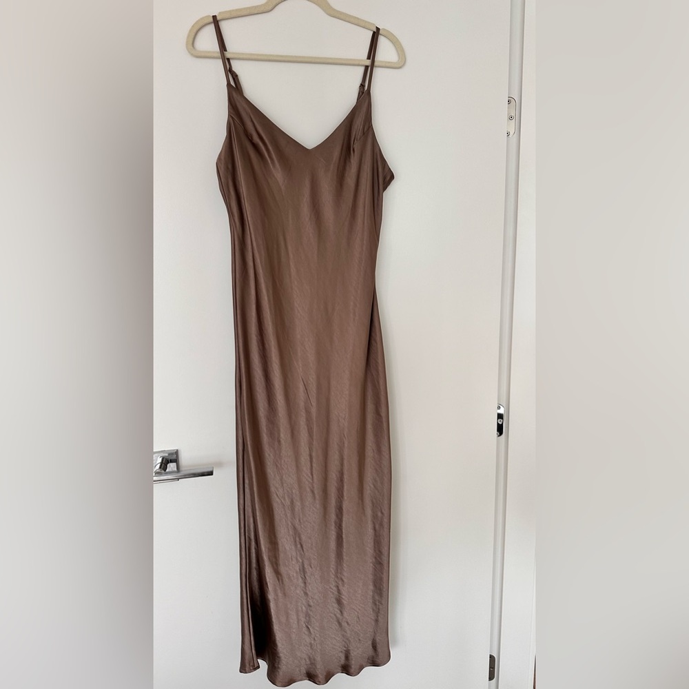 OAK + FORT Brown Satin Slip Maxi Dress